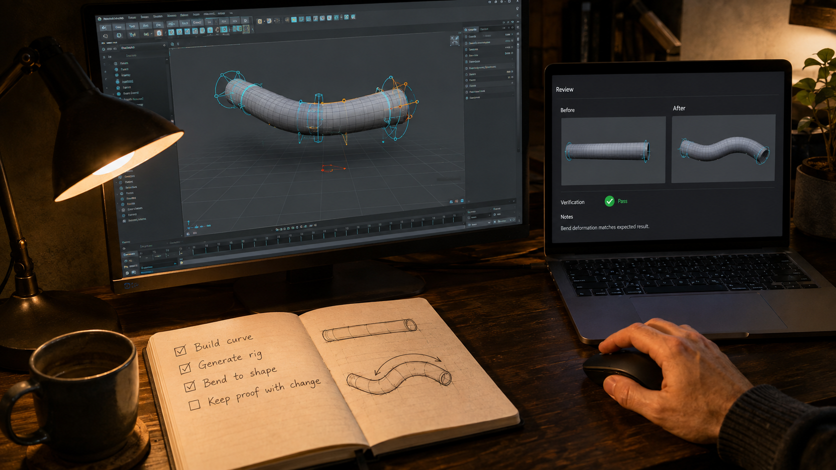 Illustration of manual 3D tool verification with before-and-after review images.