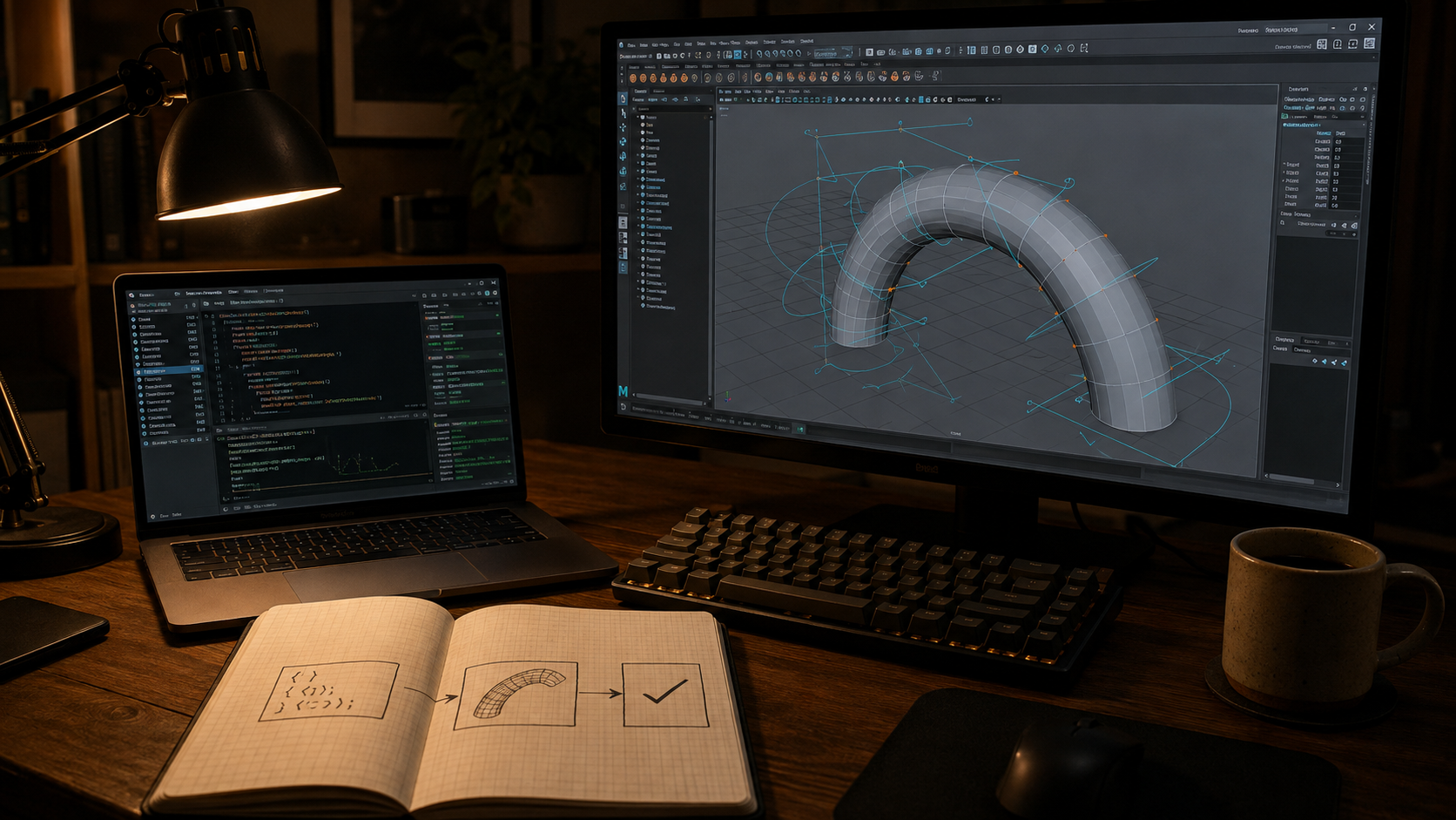 Illustration of a developer desk with agent terminals and a Maya-style mesh viewport.